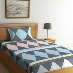 KLOTTHE Blue & Grey Geometric Printed 300 TC Single Bedsheet With Pillow Cover-10
