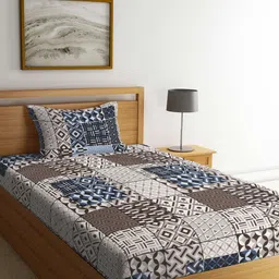 KLOTTHE Blue & Brown Geometric-Printed 300TC Single Bedsheet With 1 Pillow Cover-11