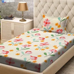 KLOTTHE Cream-Colored & Pink Floral Printed 300TC Single Bedsheet & Pillow Covers-picture-16