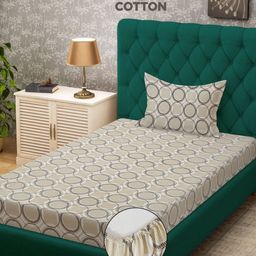 KLOTTHE Cream Geometric Pure Cotton 400TC Fitted Single Bedsheet & Pillow Cover-image-23