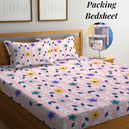 Arrabi Pink & White Floral 300 TC King Bedsheet with 2 Pillow Covers-image-95