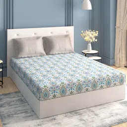 MYTRIDENT White  Blue Ethnic Motifs 144 TC Queen Pure Cotton Bedsheet with 2 Pillow Covers-image-51