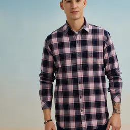 Red Flame Checked Spread Collar Cotton Casual Shirt-image-10