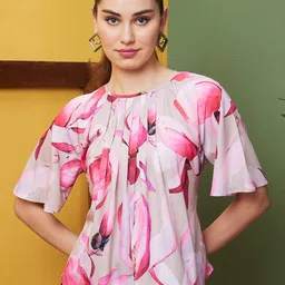 Globus Pink Floral Printed Flared Sleeve Gathered Round Neck Regular Top-image-47