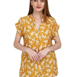 Lulala Floral Print Mandarin Collar Shirt Style Top-image-43