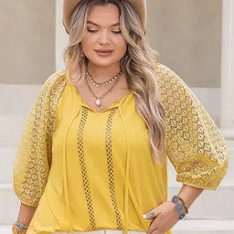 JC Mode Plus Size Tie-Up Neck Puff Sleeve Regular Top-picture-54
