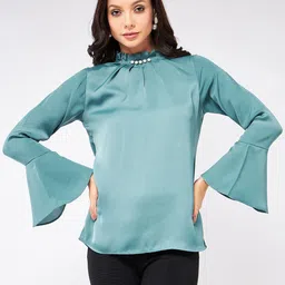Pannkh High Neck Pleated Bell Sleeve Top-image-71