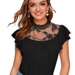 SANJANA  SILK High Neck Flutter Sleeve Fitted Opaque Top-image-21