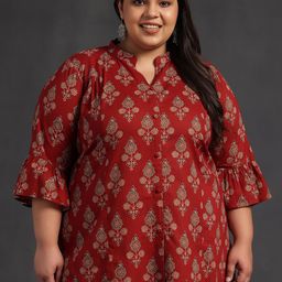 EXTRA LOVE BY LIBAS Plus Size Floral Printed Bell Sleeves Pure Cotton A-Line Kurti-image-21