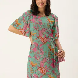 DressBerry Women Green & Pink Floral Printed Round Neck A-Line Dress-12