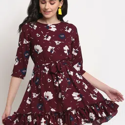 La Zoire Maroon Floral Printed Georgette Fit & Flared Dress-image-19