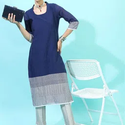 Vishudh Women Navy Blue & Grey Colourblocked Shawl Neck Kurta-image-96
