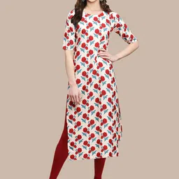 KALINI Women Cream-Coloured & Red Floral Printed Summer Sheers Crepe Kurta-image-93