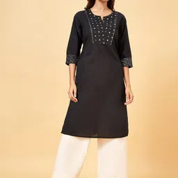 RANGMANCH BY PANTALOONS Floral Yoke Design Sequinned Pure Cotton Straight Kurta-image-68