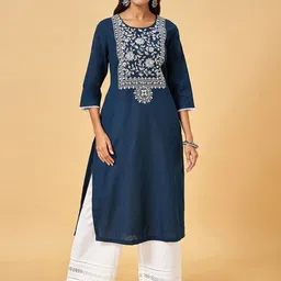 RANGMANCH BY PANTALOONS Floral Yoke Design Cotton Straight Thread Work Kurta-picture-57