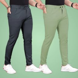 Pack of 2 Men Slim Fit Grey, Light Green Lycra Blend Trousers-image-99