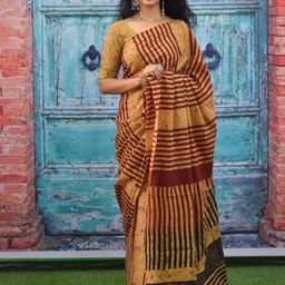 JALTHER Striped Pure Cotton Block Print Saree-1