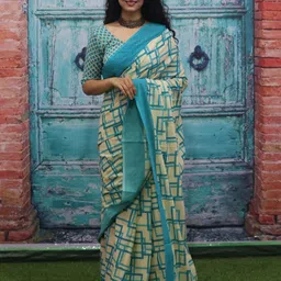 JALTHER Geometric Pure Cotton Block Print Saree-13