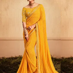 Anouk Yellow Bandhani Printed Zari Pure Georgette Leheriya Saree-picture-14