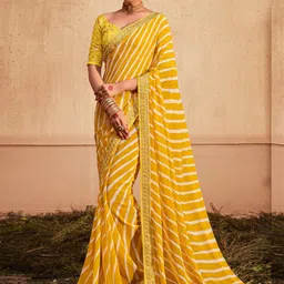 Anouk Yellow Striped Embroidered Pure Georgette Leheriya Saree-image-49