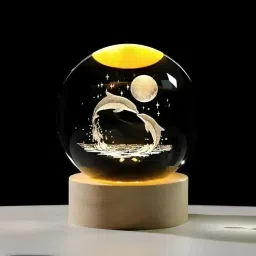3D Dolphin & Moon Galaxy Crystal Ball Lamp 7 cm Night Light Showpiece Decorative Showpiece - 7 cm-22