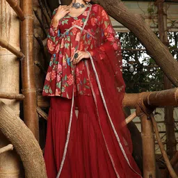 QISSA Women Floral Printed Empire Gotta Patti Kurta with Sharara & With Dupatta-picture-33