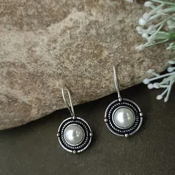 Sanjog German Silver Artificial Beaded Oxidised Circular Shaped Drop Earrings-picture-8