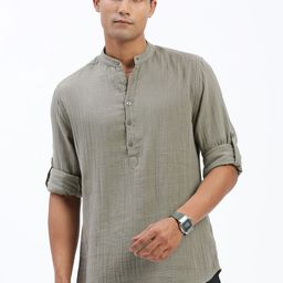 SHOWOFF Mandarin Collar Roll-Up Sleeves Straight Kurta-image-92