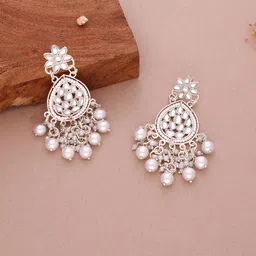 Anouk Silver-Plated Kundan Studded & Pearls Beaded Floral Shaped Drop Earrings-17