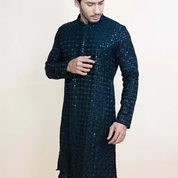 KUNDALI KAKSHAY Geometric Embroidered Mandarin Collar Sequinned Straight Kurta & Pyjamas-image-83