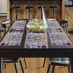 PRAKARTIK Set of 6 Blue & Red Floral Printed Rectangular Cotton Table Placemats and Runner-17