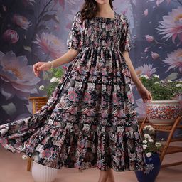 STARWORD Women Floral Printed Smocked Cotton Fit & Flare Dress-image-15