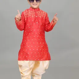 NFC CREATION Boys Ethnic Motifs Embroidered Regular Thread Work Dupion Silk Kurta with Patiala-3