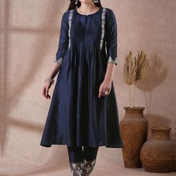 Globus Round Neck Embroidered Detail Pleated A-Line Kurta With Lace Hem Pants Festive Set-picture-27