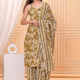 JC4U Women Floral Printed Pure Cotton Kurta with Palazzo & Dupatta-16