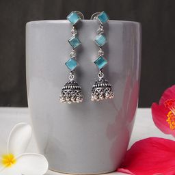 Bamboo Tree Jewels Crystals Studded And Beaded Oxidised Dome Shaped Jhumkas-image-87
