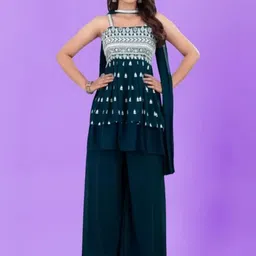 PARROT CREATION Women Embroidered Regular Sequinned Kurti with Sharara & With Dupatta image 2