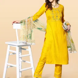 Anouk Rustic Women Floral Embroidered Regular Sequinned Kurta with Trousers & With Dupatta image 3