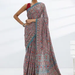 Libas Ethnic Motifs Ajrak Printed Saree with Blouse Piece-41