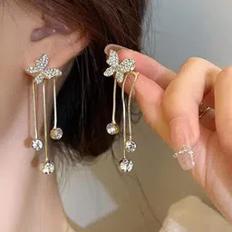 Vembley Gold Plated Cubic Zirconia Butterfly Tassel Drop Earrings-picture-32
