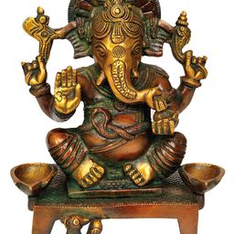 Exotic India Gold Toned & Brown Brass Lord Ganesha Diya-image-52