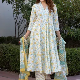 Jaitpuriya Women Floral Printed Regular Pure Cotton Kurta with Trousers & With Dupatta-picture-1