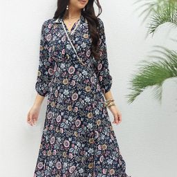 DressBerry Women Floral Printed Shirt Collar Puff Sleeve Wrap Midi Dress-picture-22