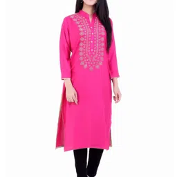 Inara Robes Women Pink & Beige Embroidered Mandarin Collar Viscose Rayon Kurta-picture-39