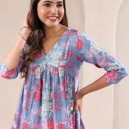 Janasya Women's Blue Pure Cotton Floral Printed A-line Top-image-85