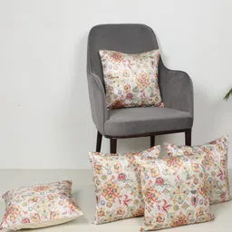 MFD HOME FURNISHING Cream-Coloured & Blue Set of 5 Ethnic Motifs Velvet Square Cushion Covers-5