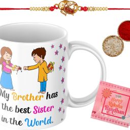 Rakhi with mug _ _MS185 Assorted Rakhi, Mug, Greeting Card, Chawal Roli Pack Set-9