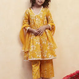 Biba Girls Floral Printed Angrakha Pure Cotton Kurta with Trousers & With Dupatta-image-3