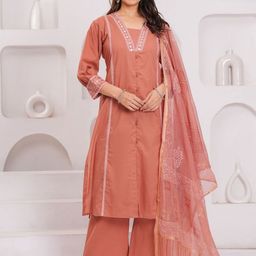 KALINI Women Solid Yoke Design Cotton Kurta with Trousers & Dupatta-image-41