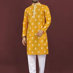 AKSHAT CREATION Men Yellow Cotton Silk Kurta Sets-picture-15